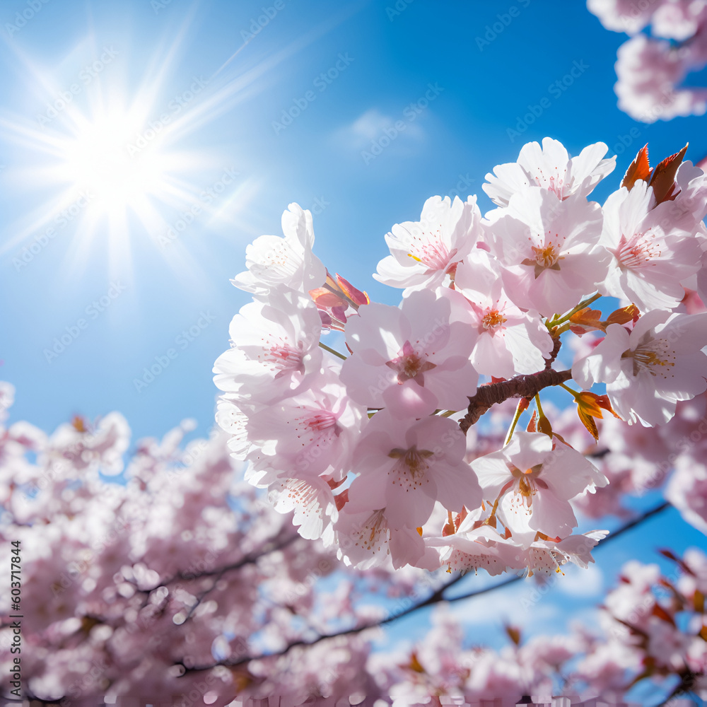 Cherry branch with flowers in spring bloom, A beautiful Japanese tree branch with cherry blossoms, Spring Flowers, Sakura with blue sky background. AI generated.