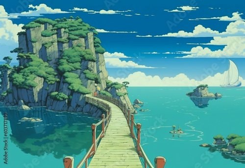 Bridge next to the water next to a blue ocean,