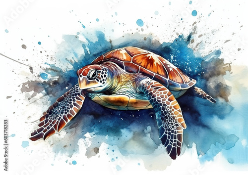 Watercolor abstract illustration of a big sea turtle .Big sea turtle in action, colorful paint splatter, isolated on white background. Generative AI.