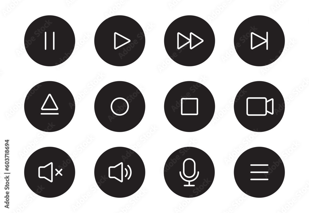 Audio sound, video player button line icon. Music play, sound mute, pause button thin editable line icon set. Microphone, camera, audio pictogram. Vector illustration. Audio sound, video player button line icon. Music play, sound mute, pause button thin editable line icon set. Microphone, camera, audio pictogram. Vector illustration.