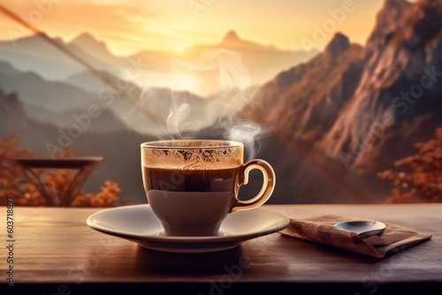 Mountain Morning Coffee. Generative AI © Flowstudio
