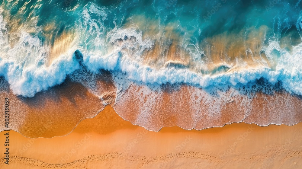 Fototapeta premium Top view sea on beach,Ocean beach with soft waves,AI generated.