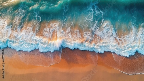 Sea waves on the beach,Aerial top down view of waves on the beach as a background,AI generated. © visoot