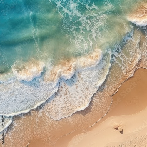 Clean ocean waves breaking on white sand beach Aerial view,AI generated.