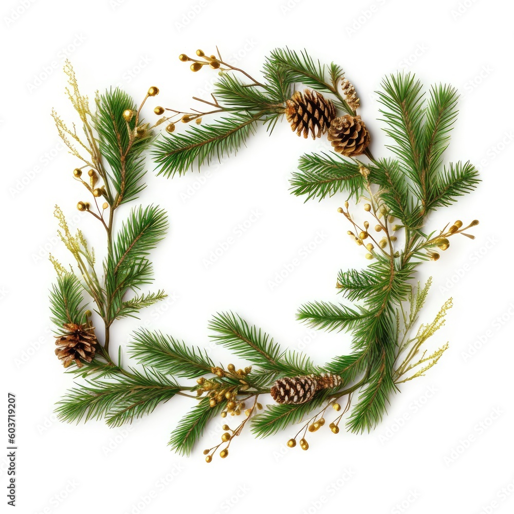 Christmas composition made of evergreen tree branch, pinecone and red berries,Holiday decoration,Christmas minimal concept,AI generated.