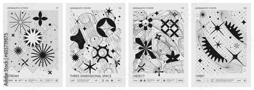 Futuristic retro vector minimalistic Posters with 3d strange wireframes form graphic of geometrical shapes modern design inspired by brutalism and silhouette basic figures, set 30