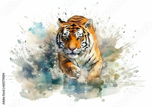 Watercolor abstract illustration of a tiger.Tiger in action, colorful paint splatter, isolated on white background. Generative AI.