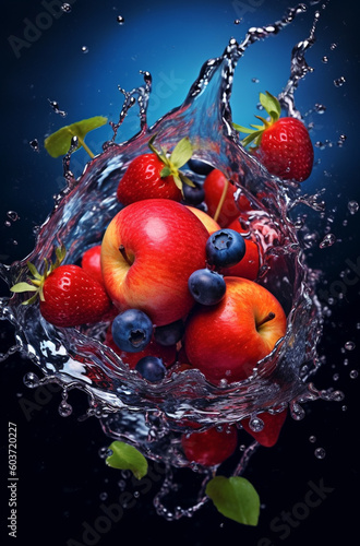fresh multi fruits splashing into blue clear water splash, healthy food diet freshness concept
