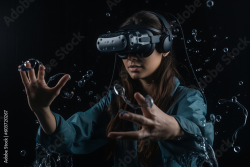Ai generated humans wearing vr headsets. Dive into immersive digital realms, where individuals become one with their VR devices, exploring captivating virtual landscapes. Ai Generative illustration