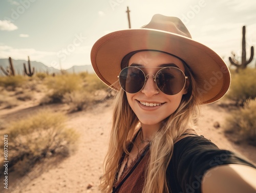  Glückliche Wanderin auf Sommerurlaub. Frau mit Hut und Sonnenbrille macht Selfie in der schönen Wüstendünenlandschaft mit kaktus, generative AI.