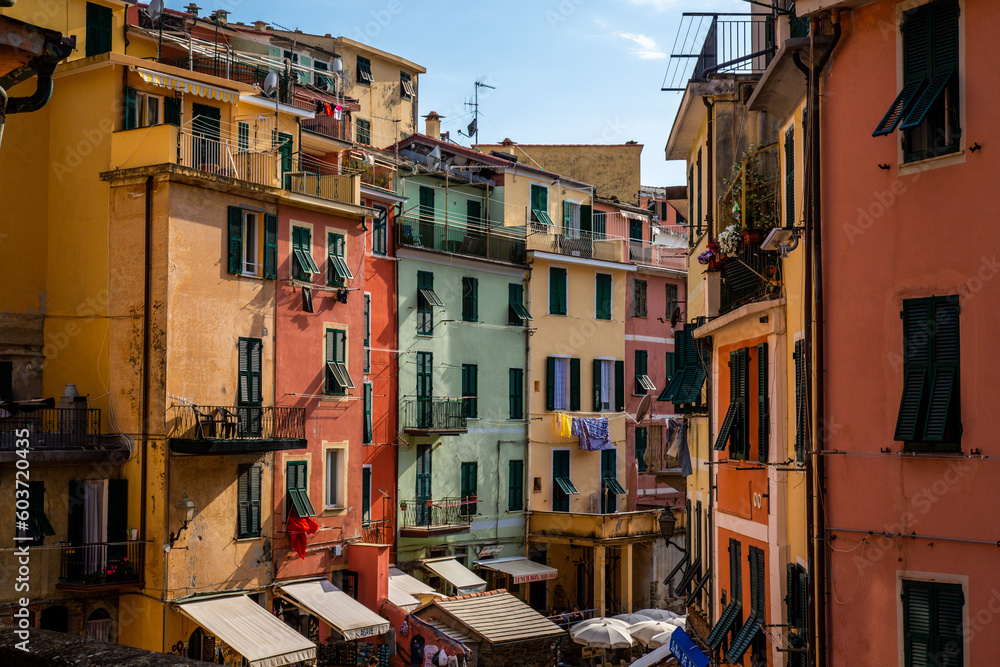 Colourful old buildings in Cinque Terre, Italy, in a sunny day