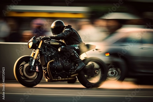 Motorcycle on the Street. Biker racing on the street. Generative AI © senadesign