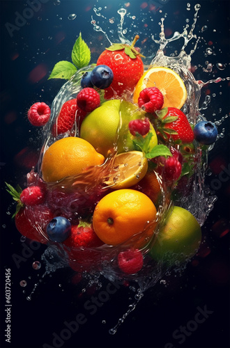 fresh multi fruits splashing into blue clear water splash, healthy food diet freshness concept