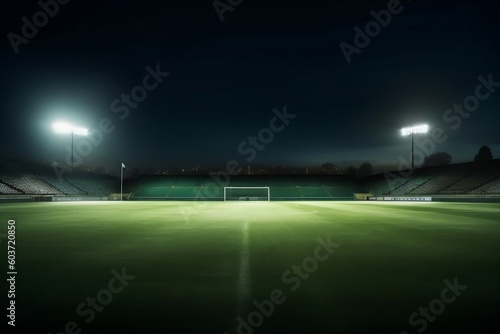 Illuminated Grass Stadium with Spotlights. Generative AI © Flowstudio