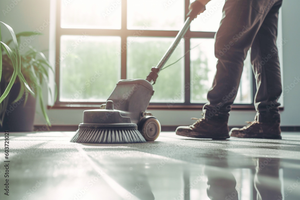 Closeup of janitor cleaning floor with polishing machine indoors