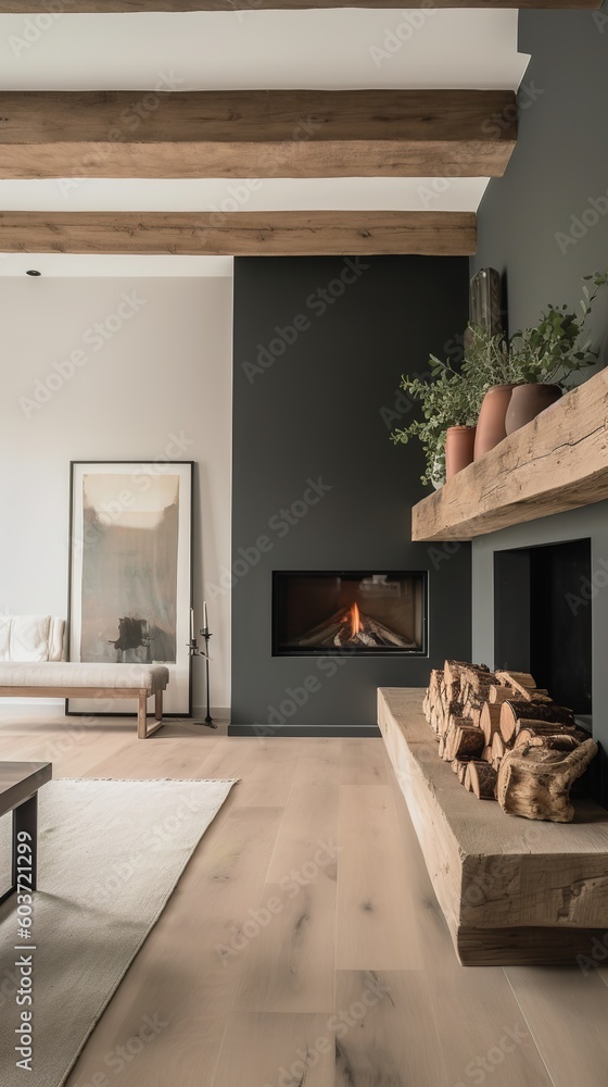 Fototapeta premium a beautiful house, in which the fireplace is given a lot of attention, impressive design, modern and clean