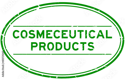 Grunge green cosmeceutical products word oval rubber stamp in white background