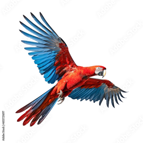 red macaw flying isolated on transparent background cutout , generative ai
