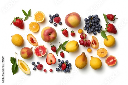 A bunch of fruits including a banana, strawberries, blueberries, and other fruits Generative AI 