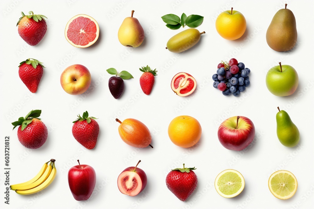 A bunch of fruits including a banana, strawberries, blueberries, and other fruits Generative AI A bunch of fruits including a banana, strawberries, blueberries, and other fruits Generative AI