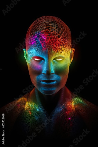 Colorful Artificial intelligence in humanoid head with neural network thinks. AI with Digital Brain is learning processing big data, analysis information. Face of cyber mind. ai generated