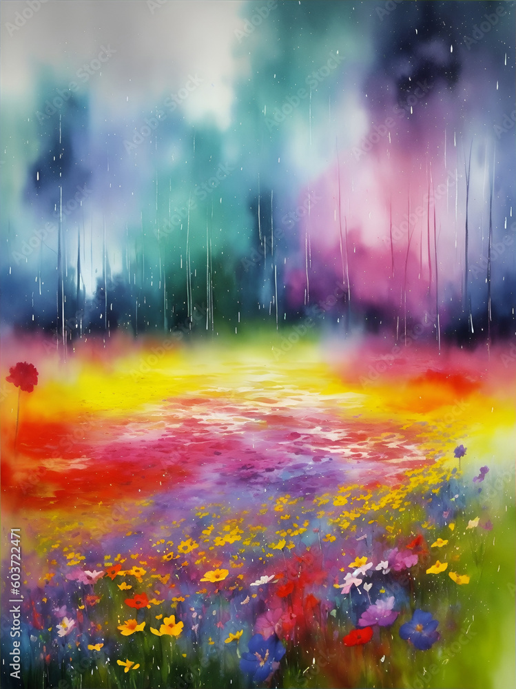 Flower meadow at rain. AI generated illustration