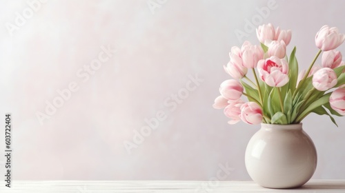 Pink tulips in white ceramic vase on wooden table on background white wall. Generative AI.