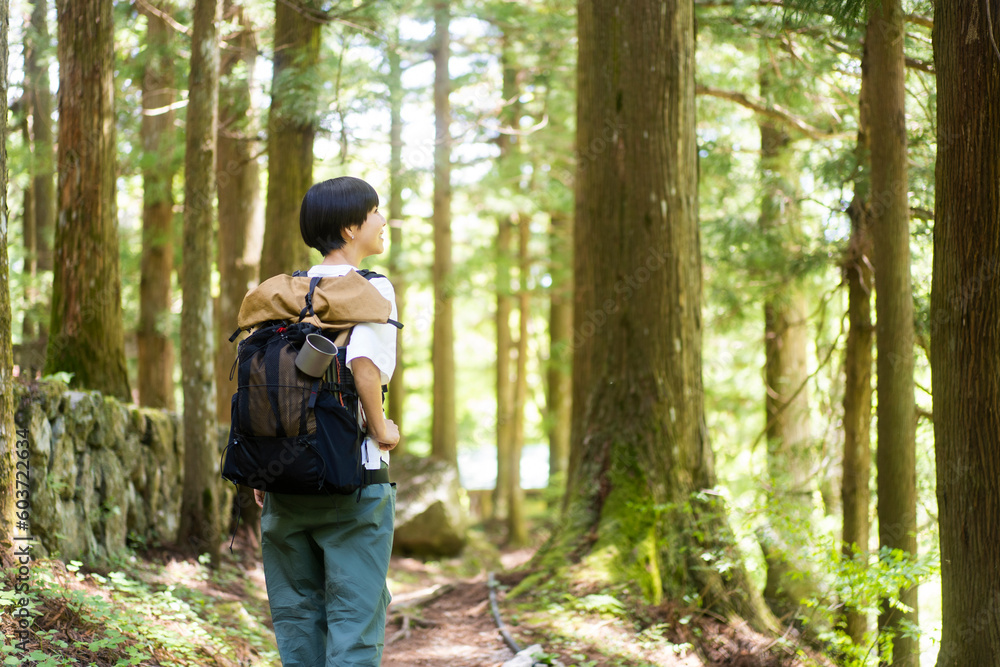 日本の山を登山している日本人女性/森林浴 日本の山を登山している日本人女性/森林浴