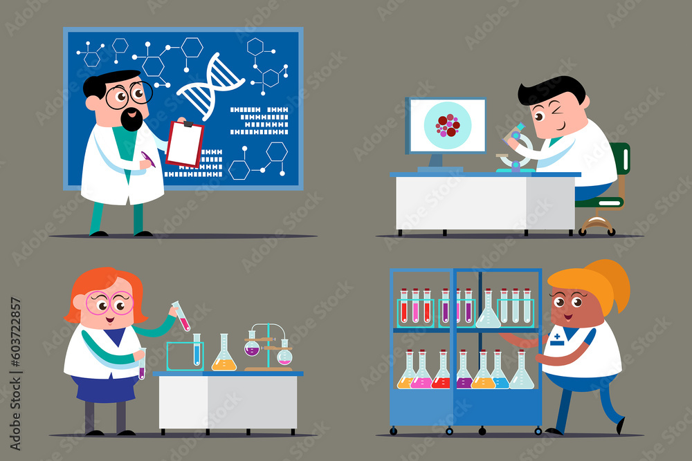 emotion cute vector, illustration flat cartoon character set of doctor working. scientist lab worker, chemical researcher.