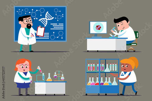 Obraz na płótnie emotion cute vector, illustration flat cartoon character set of doctor working. scientist lab worker, chemical researcher. w salonie