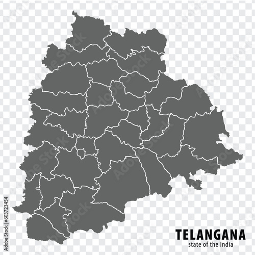 Blank map State Telangana of India. High quality map Telangana with municipalities on transparent background for your web site design, logo, app, UI. Republic of India. EPS10.