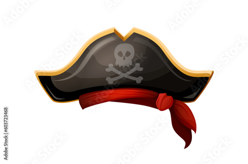 Vector cartoon style icon illustration. Black pirate hat with sceleton. Isolated on white background.