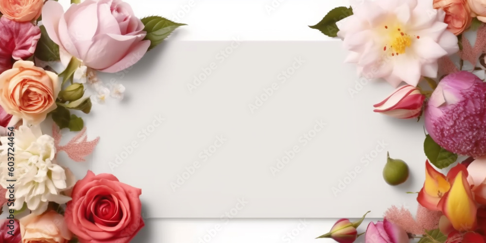 Blank white card in the center, surrounded by rose and magnolia petals, white background top view, AI Generated