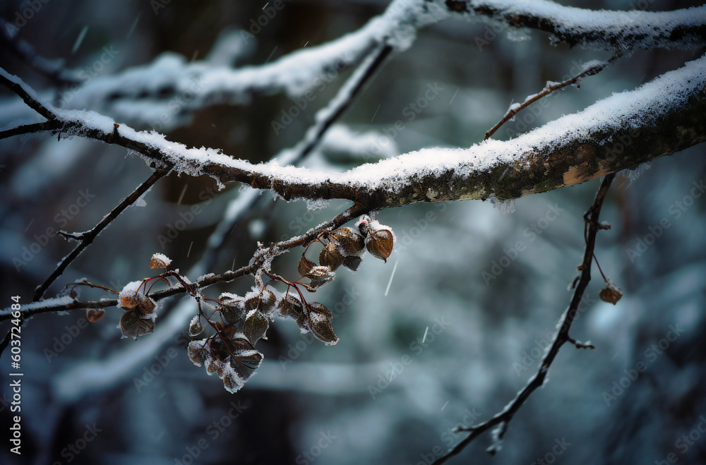 a branch with snow hanging over it in the forest a branch with snow hanging over it in the forest