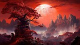  silhouette of a tree in the nightime red sky, Red moon, halloween, fantasy scenery, generative ai