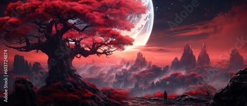  silhouette of a tree in the nightime red sky, Red moon, halloween, fantasy scenery, generative ai