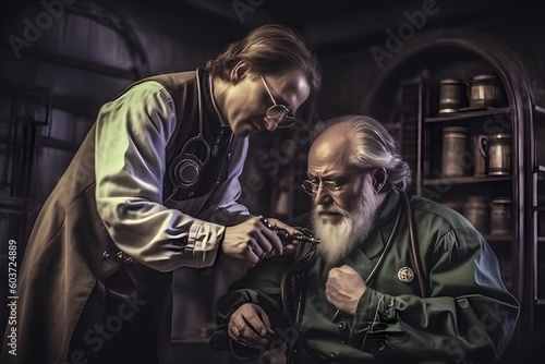 Ancient Doctor in steampunk background 