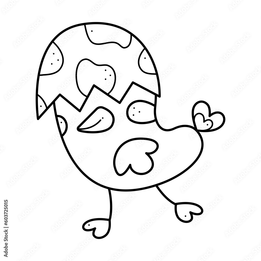 A cute chicken with an eggshell on its head. Doodle black and white vector illustration.