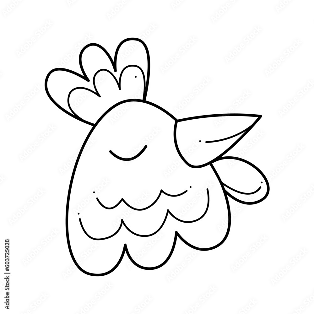 Fototapeta premium The head of a cute rooster. Doodle black and white vector illustration.
