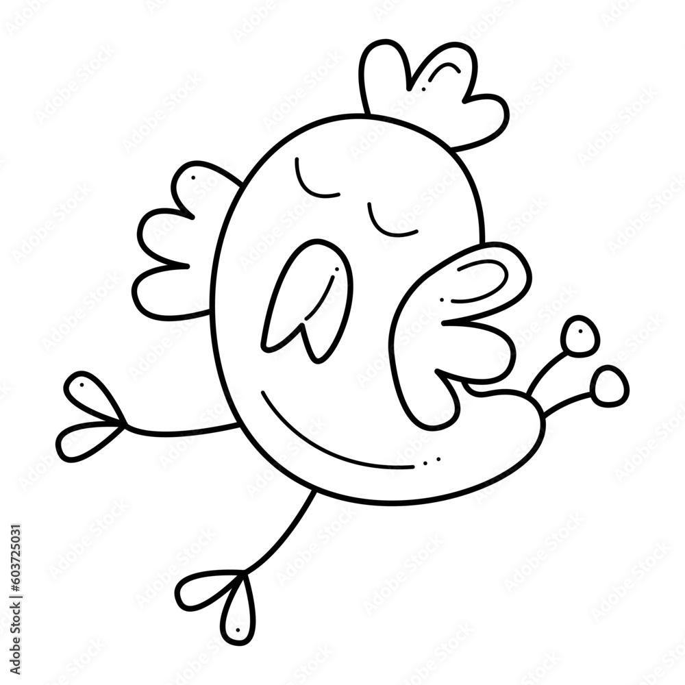 Cute chicken is dancing. Doodle black and white vector illustration. Cute chicken is dancing. Doodle black and white vector illustration.