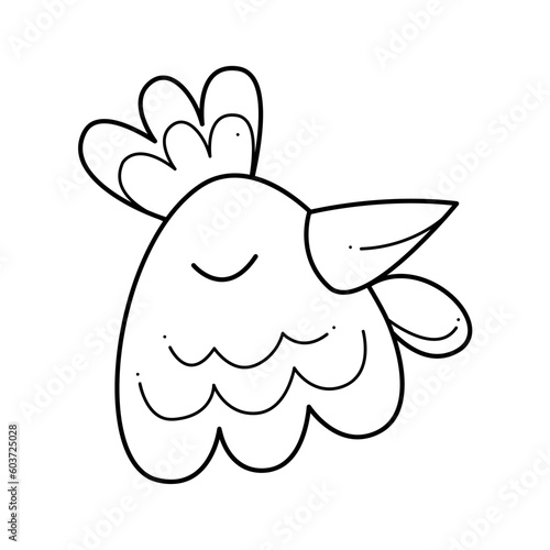 The head of a cute rooster. Doodle black and white vector illustration.