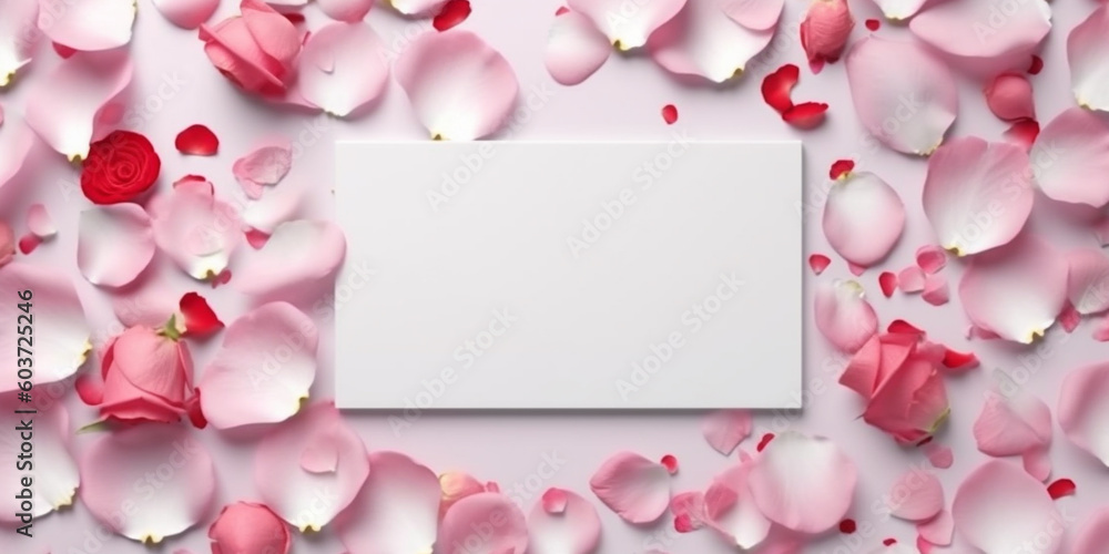 Blank white card in the center, surrounded by rose petals, white background top view, AI Generated