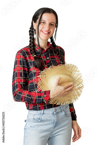 Mulher vestida com roupa de festa junina fazendo reação