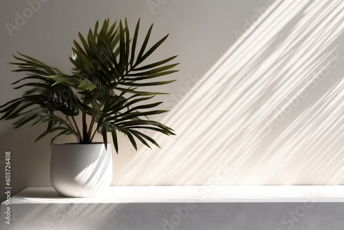 Backdrop for cosmetic product display  white vase with plant on white table counter in sunlight  shadow on beige paint wall for luxury beauty  cosmetic  organic  food supplement product background 3D