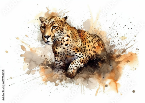 Watercolor abstract illustration leopard.Leopard in action colorful paint splash, isolated on white background.Generative AI.