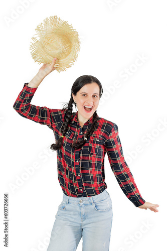 Mulher vestida com roupa de festa junina fazendo reação photo