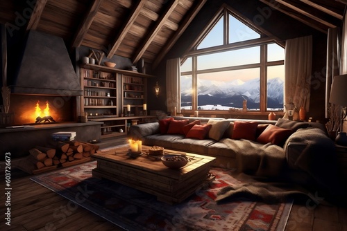 Modern, luxurious alpine style living room with wooden ceiling and floor, big grey sofa with red  pillows, fire place, big window with mountain view, , for interior design background, generative AI photo