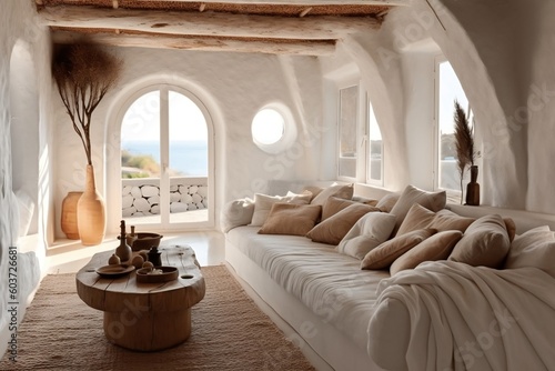 The stylish boho organic compostion at living room interior with design white sofa, wooden coffee table and elegant personal accessories. Beige pillows. round windows. Home decor, generative AI