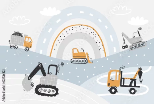 Obraz Vector children hand drawn cute construction cars, mountain landscape, rainbow and clouds. Boho trendy design. Scandinavian. Illustration. Kids wallpaper design. Baby room design, wall decor, mural.