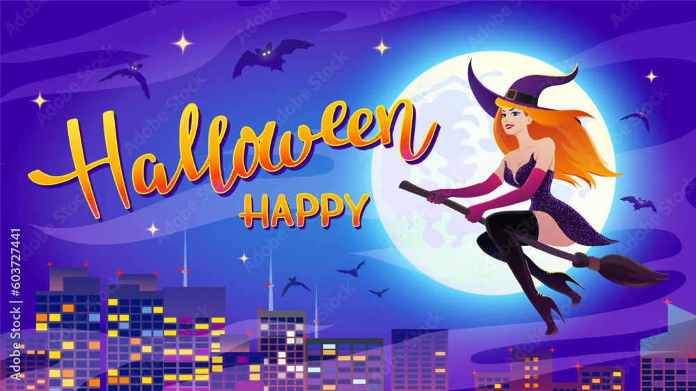 PrintHalloween night background with Moon and redhead sexy witch on a broomstick.